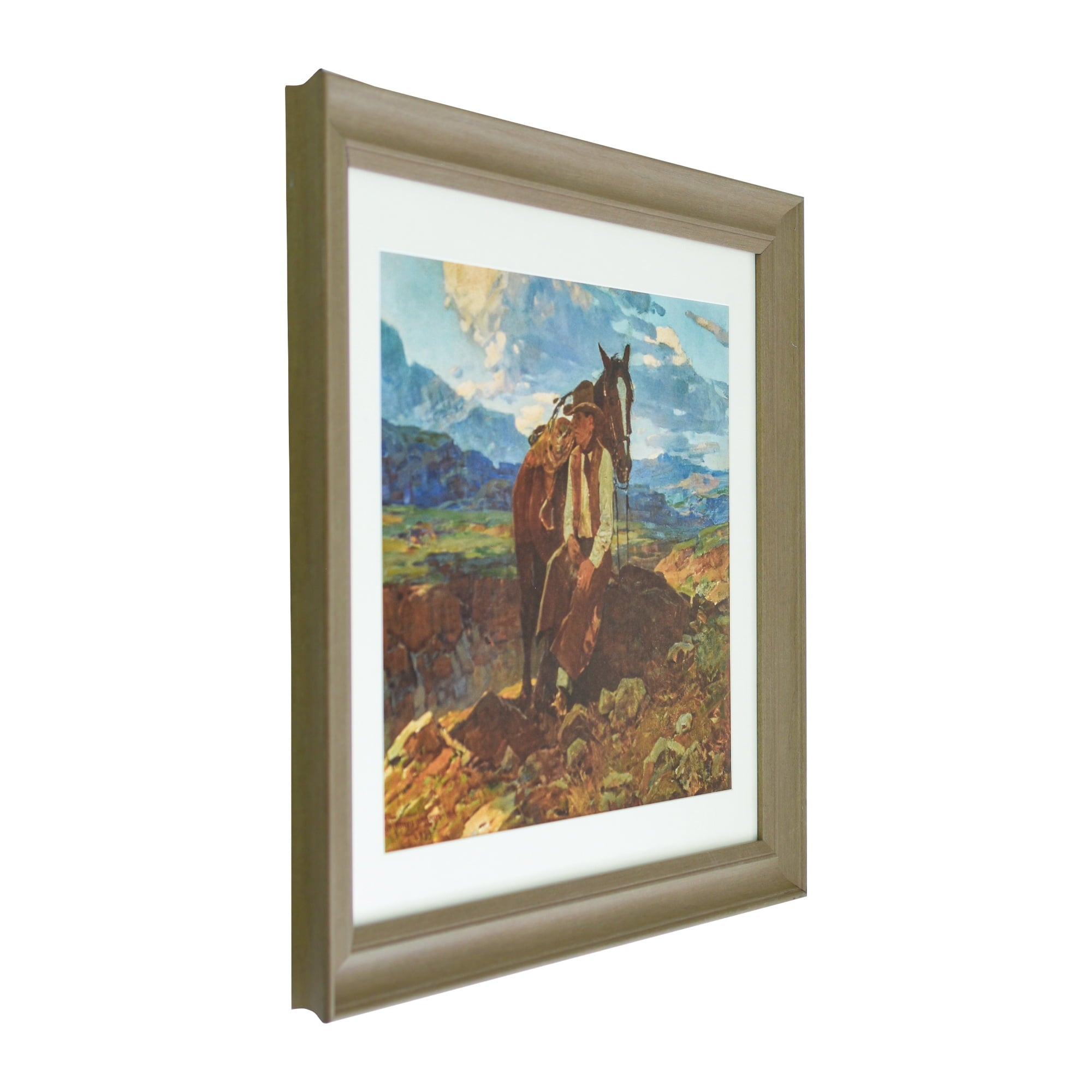 The Pioneer Woman Frank Tenney Johnson "An Idle Dreamer" Framed Western Wall Art Print, Cowboy and Horse Landscape Artwork, Matted Rustic Ranch Decor, Ready to Hang Framed Art for Living Room