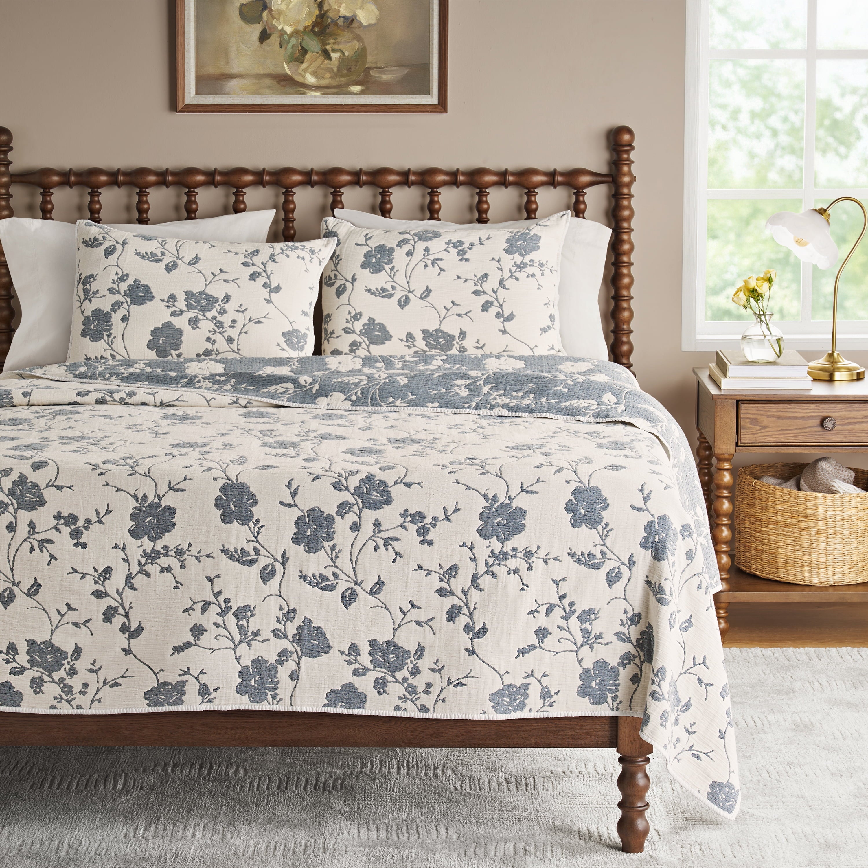The Pioneer Woman Agatha Floral Gauze Quilt, Full/Queen, Blue Dust, Reversible Bedding