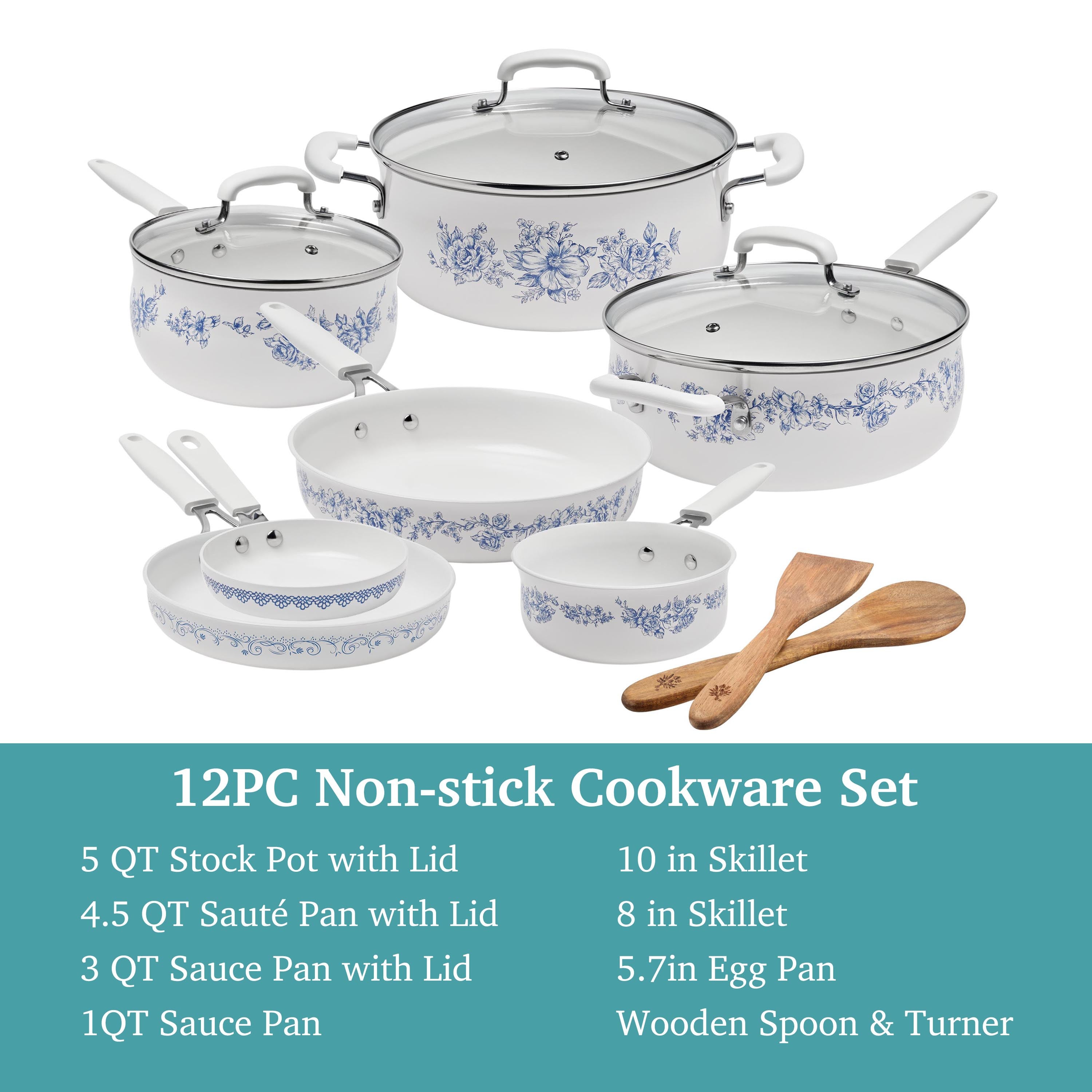 The Pioneer Woman 12-Piece Classic Ceramic Cookware Set, Agatha Blue
