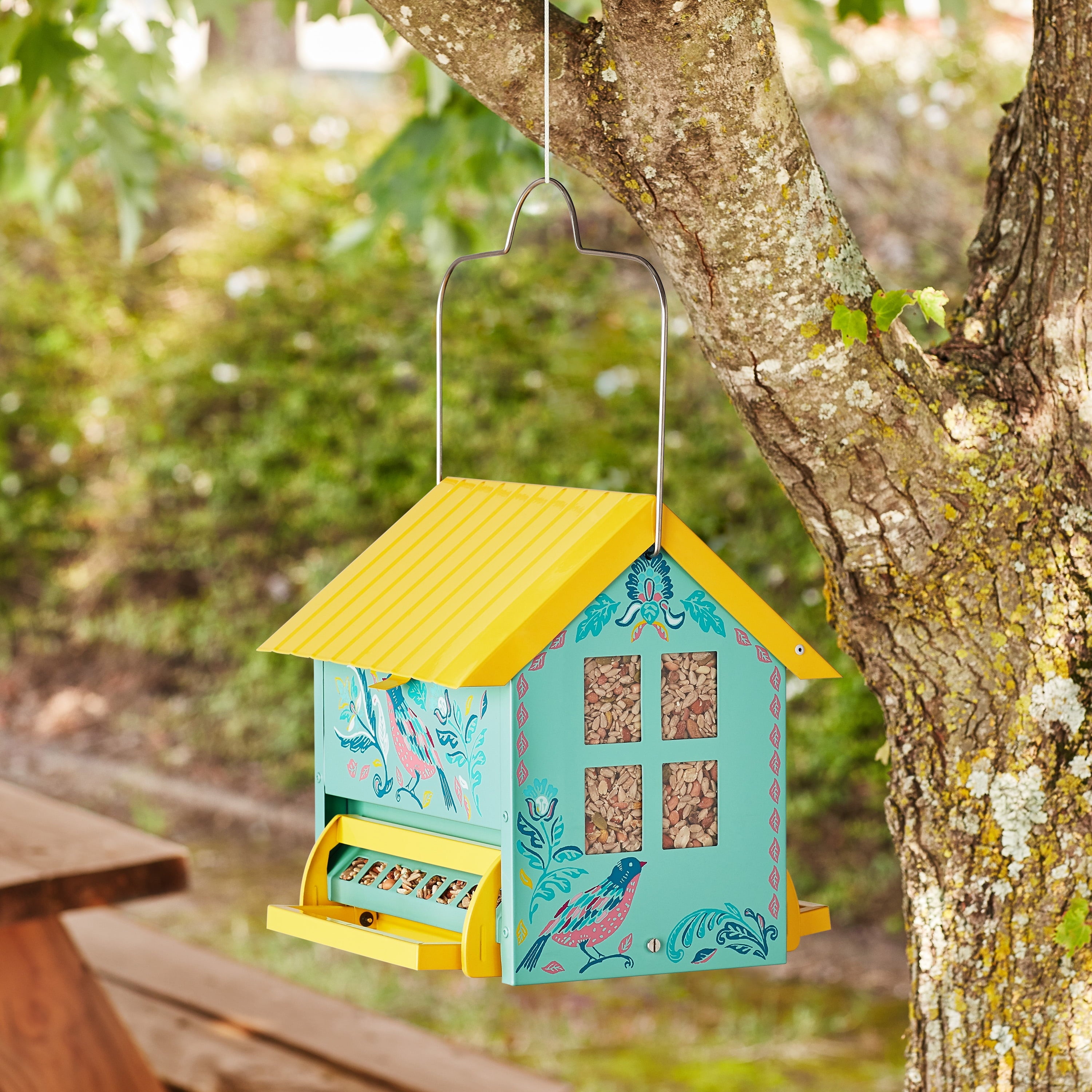 The Pioneer Woman Bird Ogee Metal Squirrel Proof Hopper Bird Feeder 5.5QT , Teal Yellow