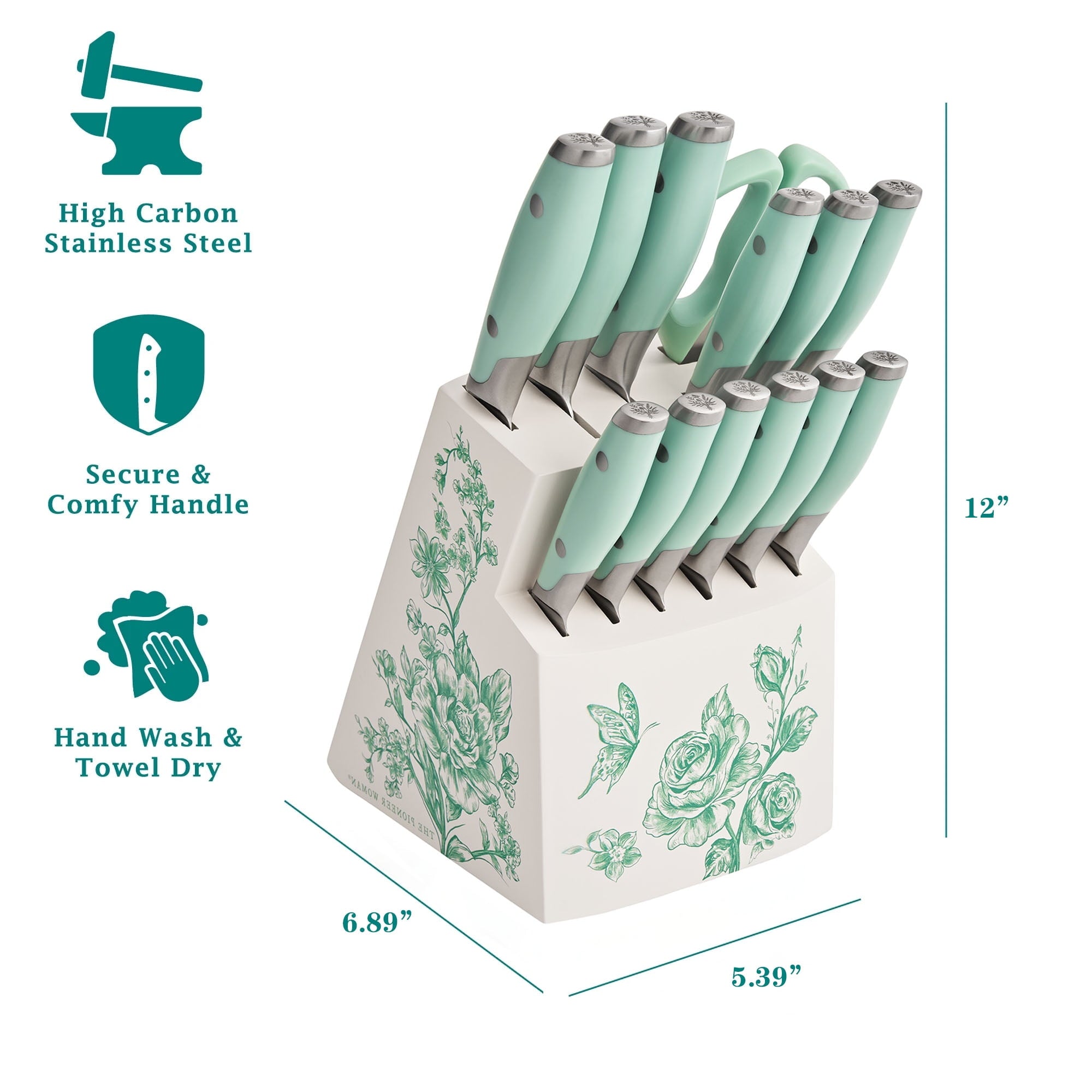 The Pioneer Woman  14 Pieces Knife Set with Decal Block Stainless Steel Knives, Forged, Green Agatha