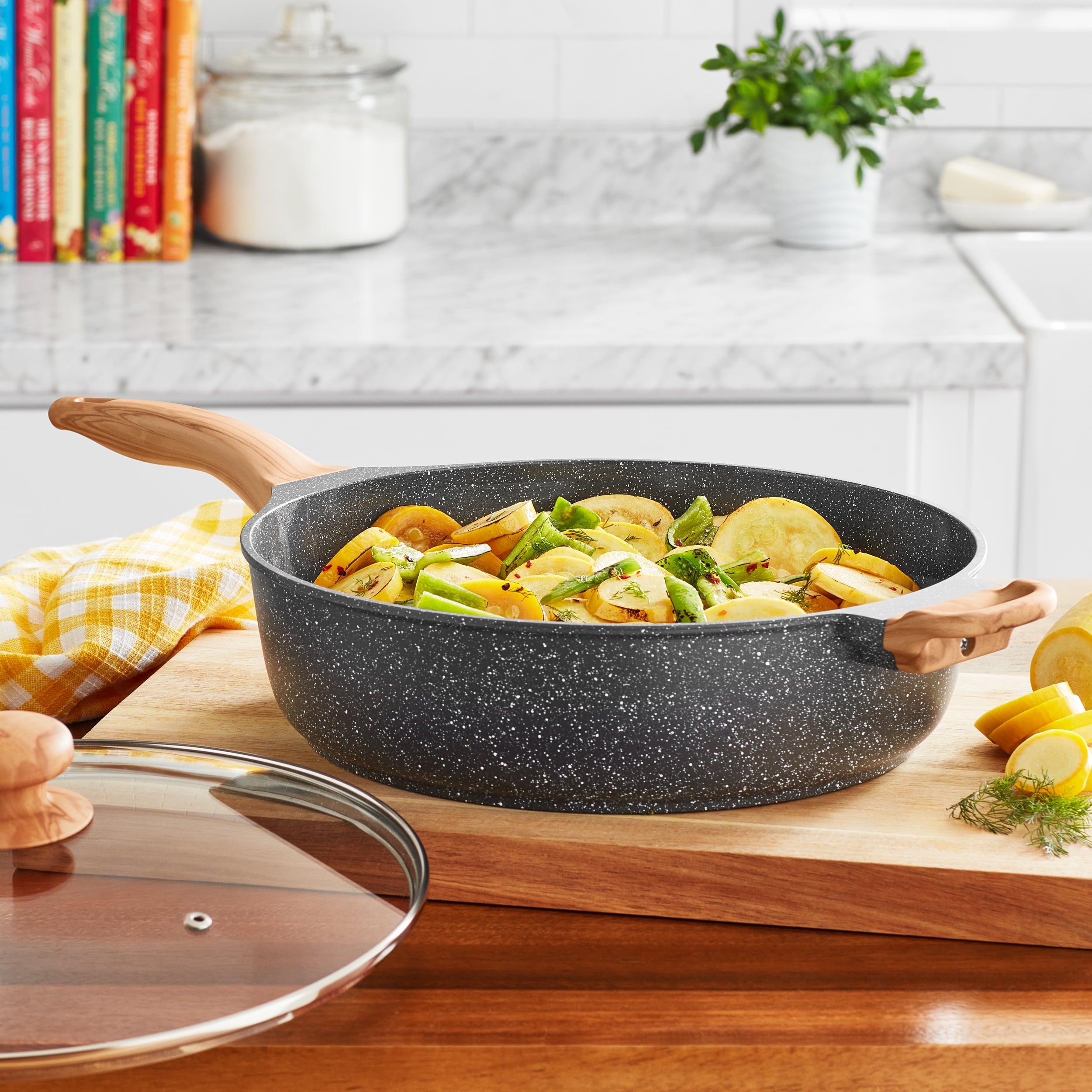 The Pioneer Woman Prairie Signature 6-Quart Cast Aluminum Jumbo Cooker Saute Pan, Charcoal Speckle