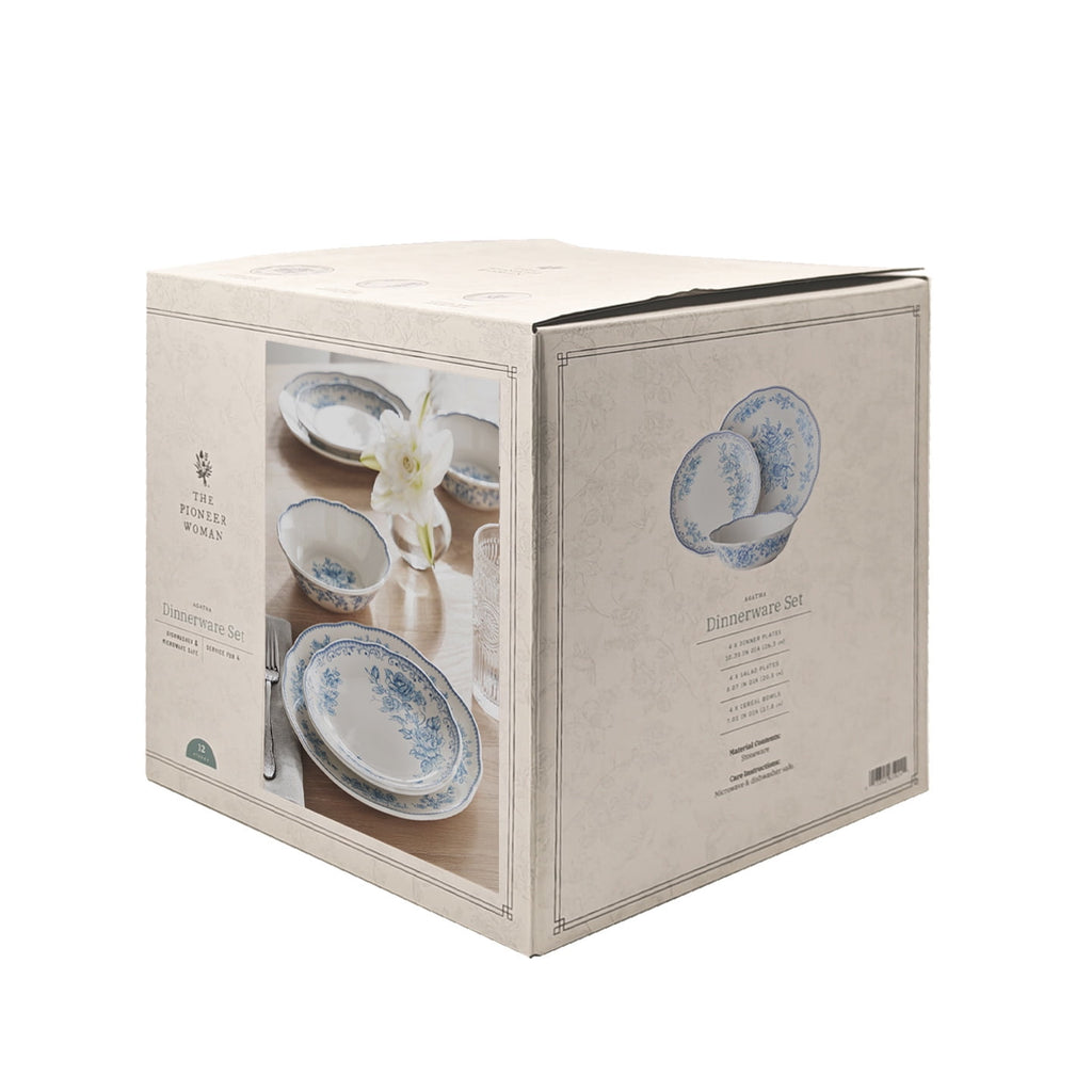 The Pioneer Woman Agatha 12-Piece Stoneware Dinnerware Set, Blue