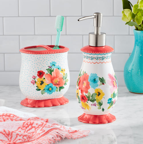 Multi- Color 2 Piece Ceramic Bath Accessories Set, The Pioneer Woman Breezy Blossom