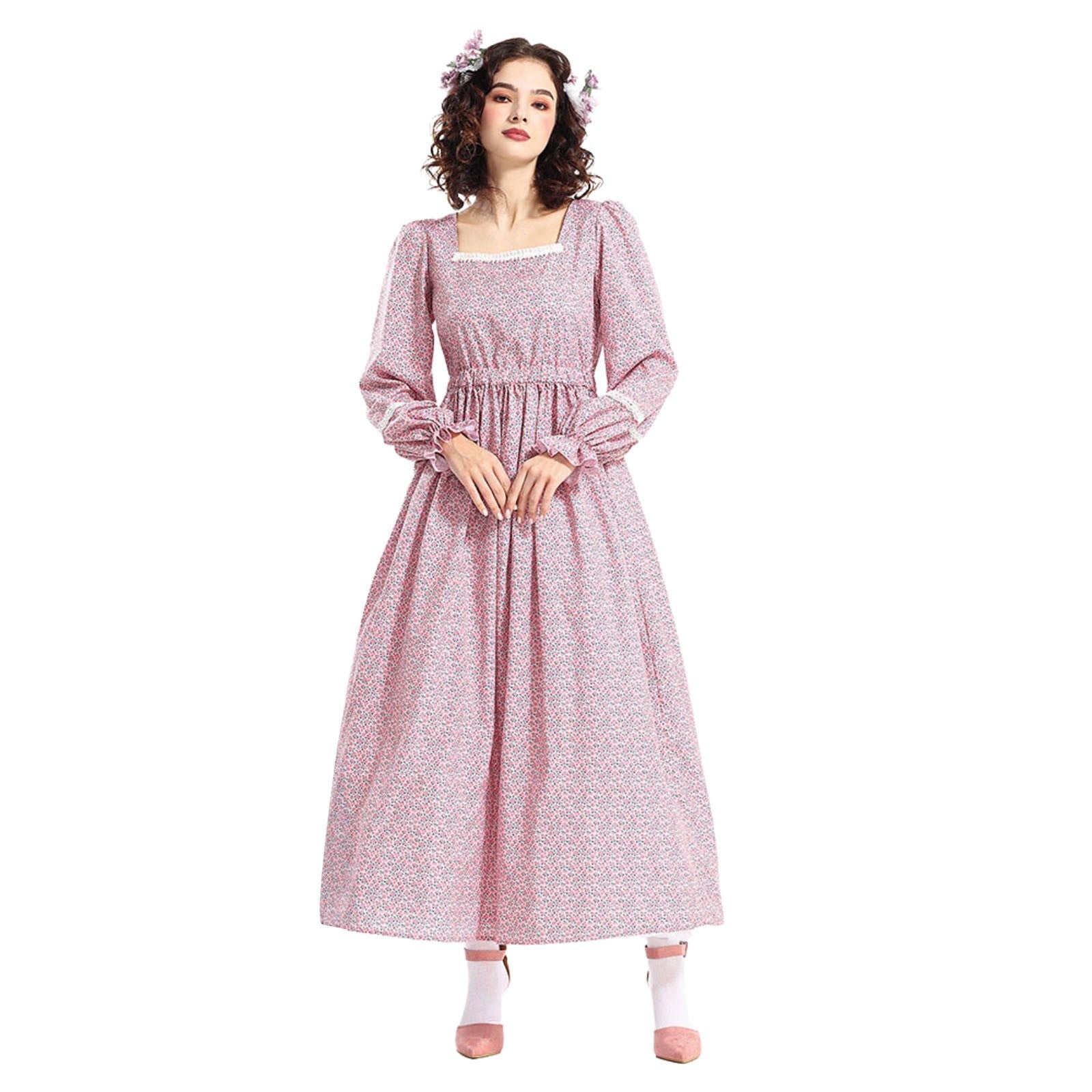 Daolelai Colonial Dress Women's Prairie Pioneer Dress Floral Pilgrim Dress Civil War Dress - Vintage Cottagecore