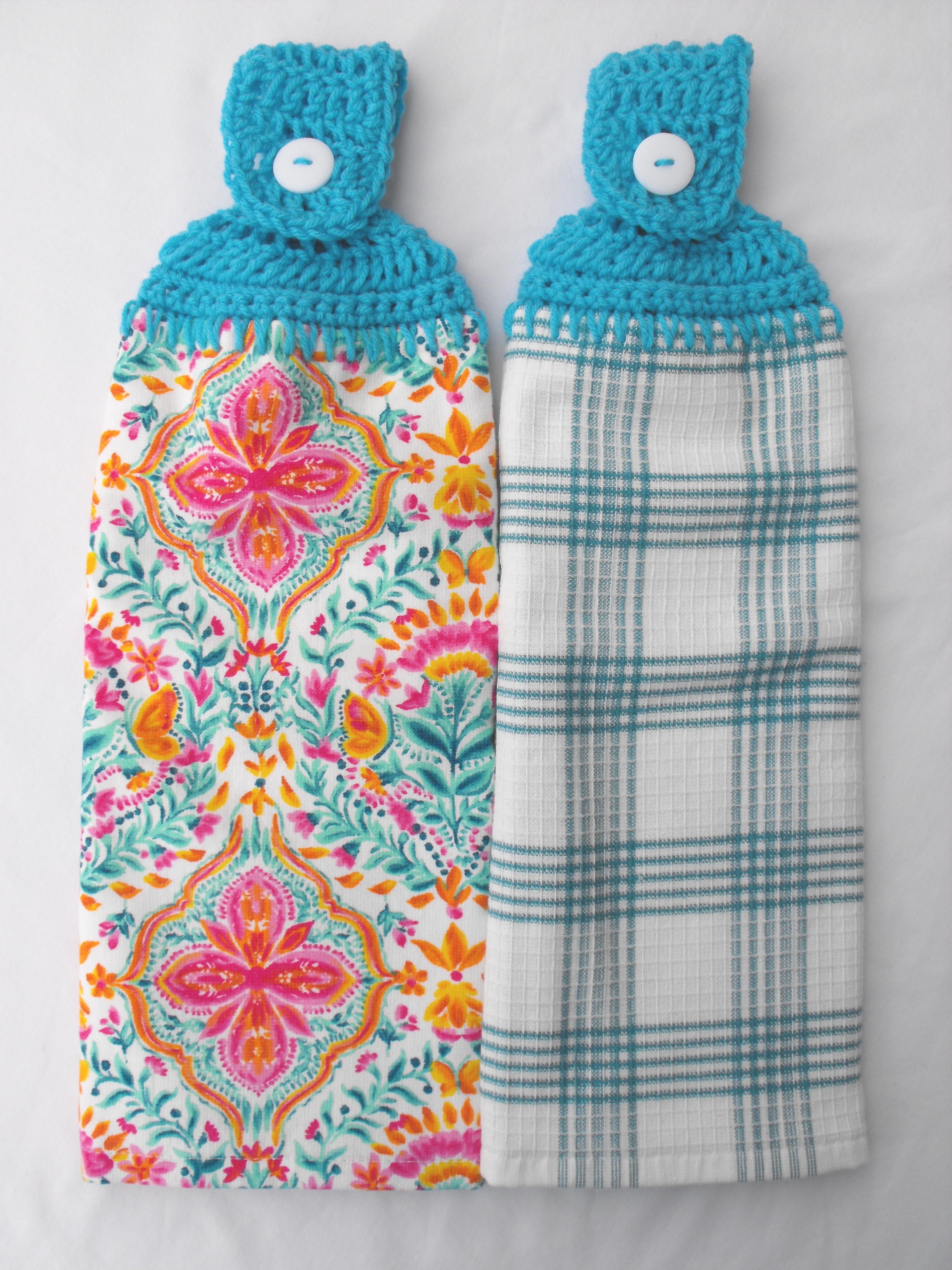 PIONEER FOLK GEO - 2 DOUBLE/FULL HANDMADE CROCHET TOP HANGING KITCHEN TOWEL - TURQUOISE TOPPER
