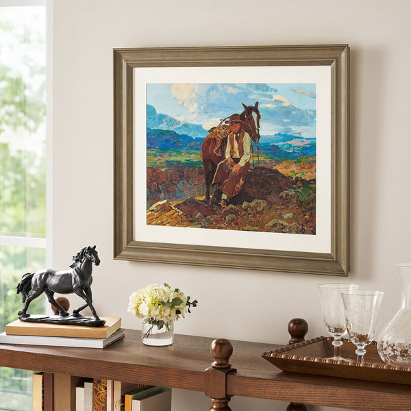 The Pioneer Woman Frank Tenney Johnson "An Idle Dreamer" Framed Western Wall Art Print, Cowboy and Horse Landscape Artwork, Matted Rustic Ranch Decor, Ready to Hang Framed Art for Living Room