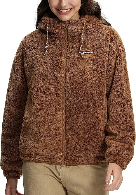 Pioneer Camp Women's Fuzzy Fleece Jacket Lightweight Full Zip Up Sherpa Jacket with Hood Warm Soft