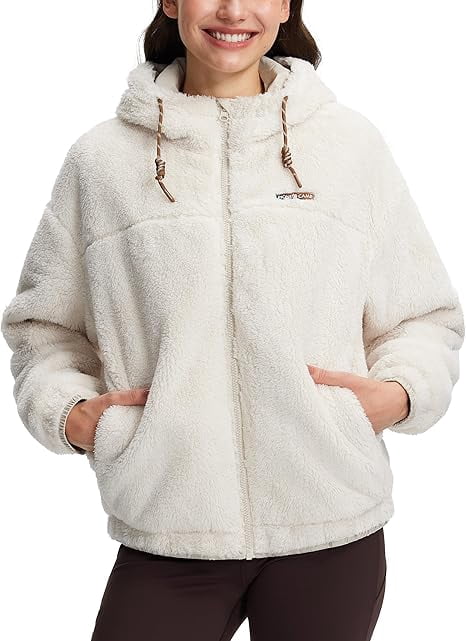 Pioneer Camp Women's Fuzzy Fleece Jacket Lightweight Full Zip Up Sherpa Jacket with Hood Warm Soft