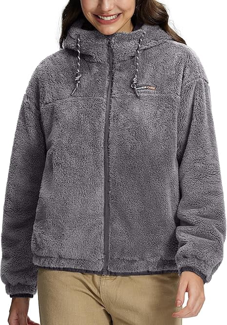 Pioneer Camp Women's Fuzzy Fleece Jacket Lightweight Full Zip Up Sherpa Jacket with Hood Warm Soft