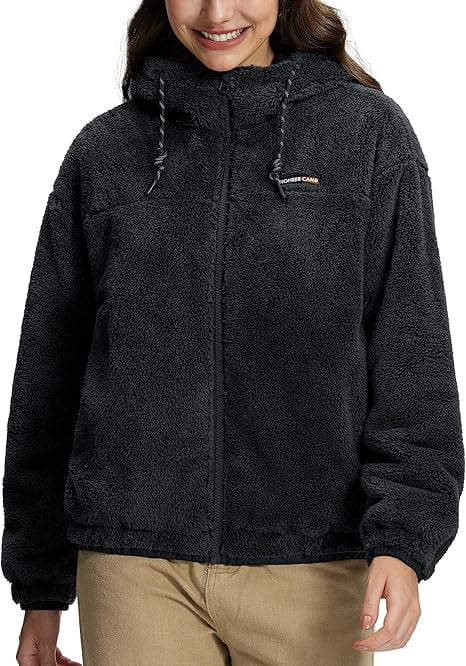 Pioneer Camp Women's Fuzzy Fleece Jacket Lightweight Full Zip Up Sherpa Jacket with Hood Warm Soft Fall Winter Coat Hoodie