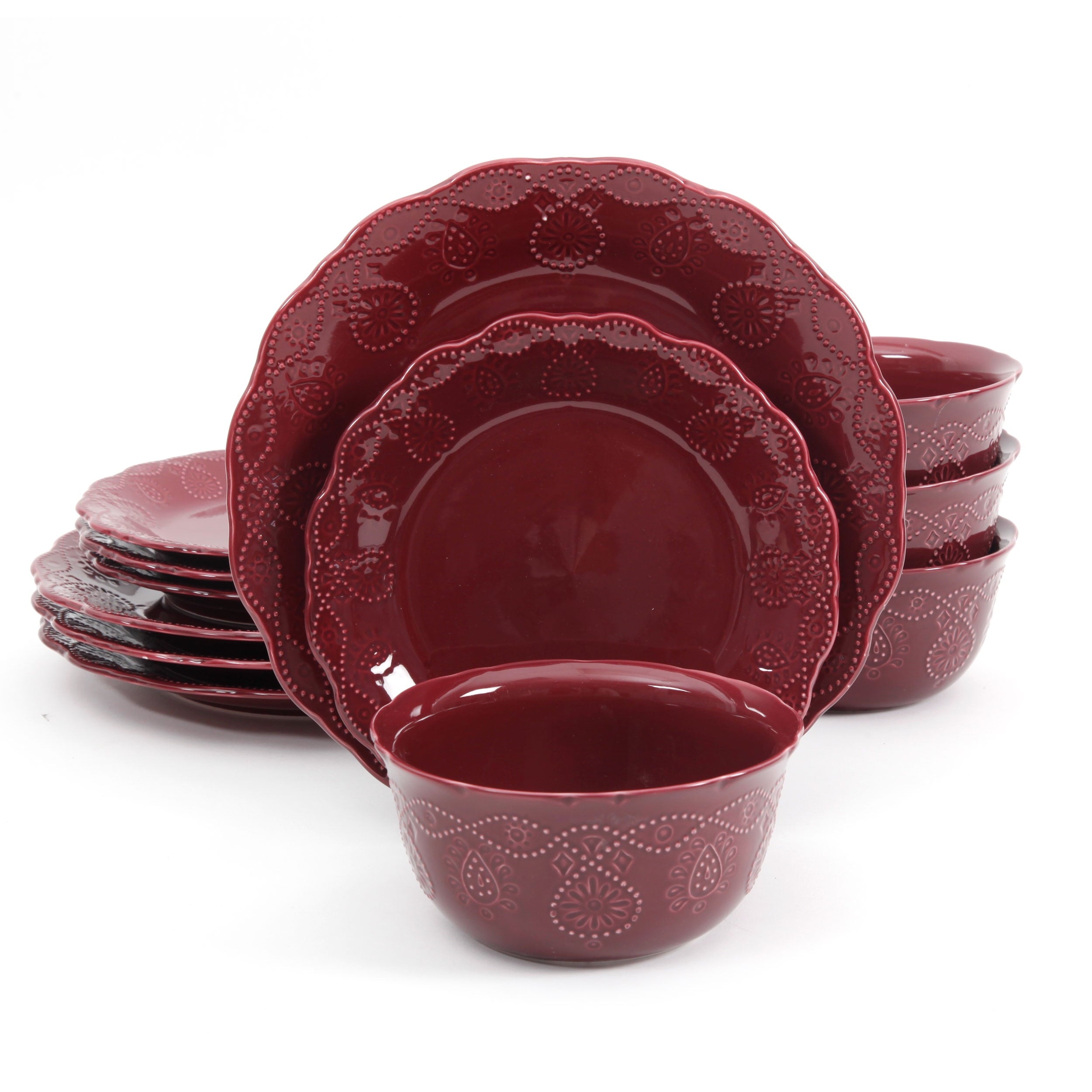 The Pioneer Woman Cowgirl Lace 12-Piece Dinnerware Set, Red - Classic Cottagecore Essential
