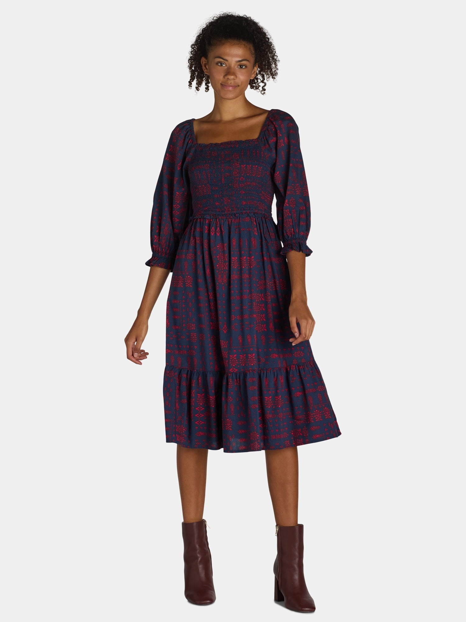 The Pioneer Woman Smocked Bodice Midi Dress, Women’s and Women’s Plus, Sizes XS-3X