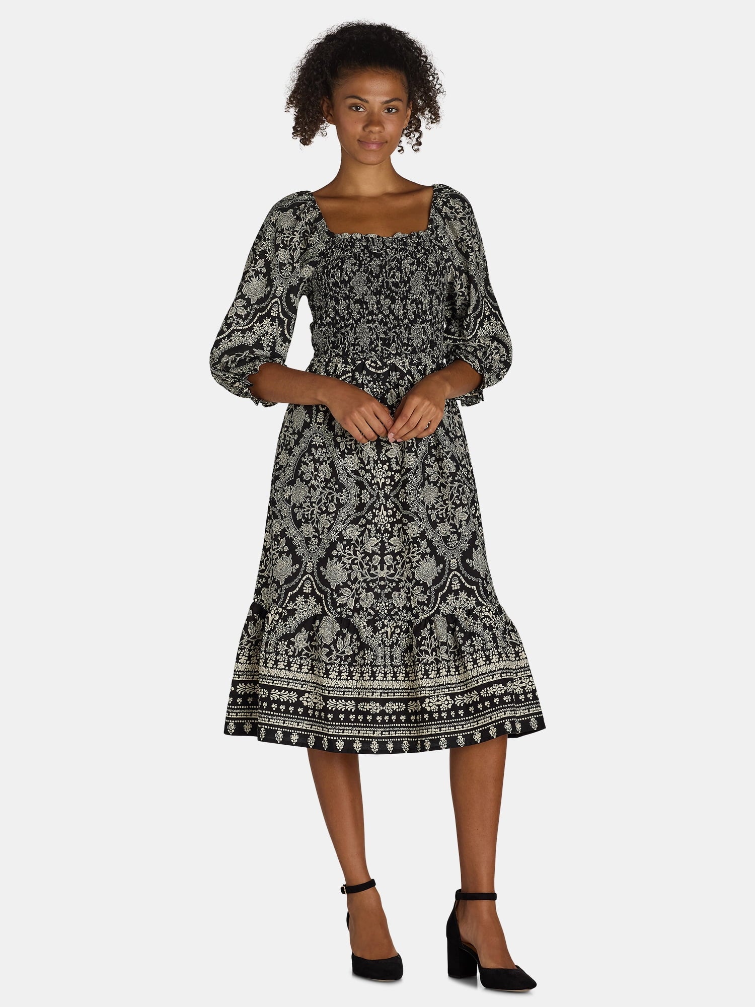 The Pioneer Woman Smocked Bodice Midi Dress, Women’s and Women’s Plus, Sizes XS-3X - Vintage Cottagecore