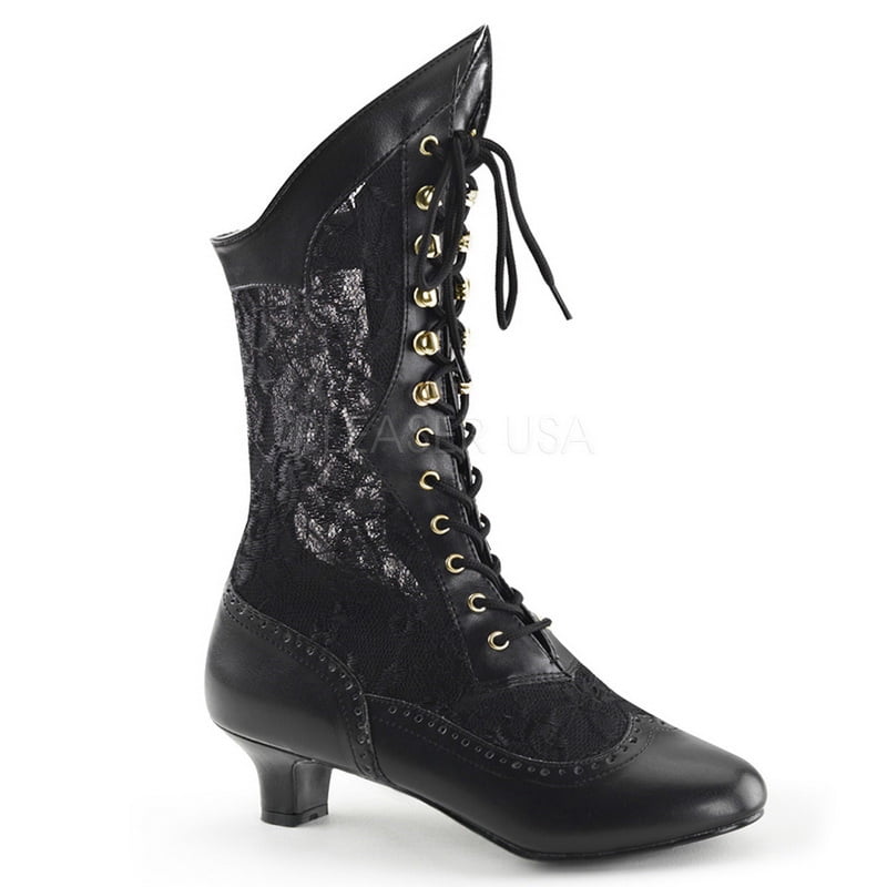 Funtasma DAME-115 - 2" Heel, Blk Pu-Lace Victorian Ankle Boot, Lace, Pioneer-Blk Pu-Lace-6 - Classic Cottagecore