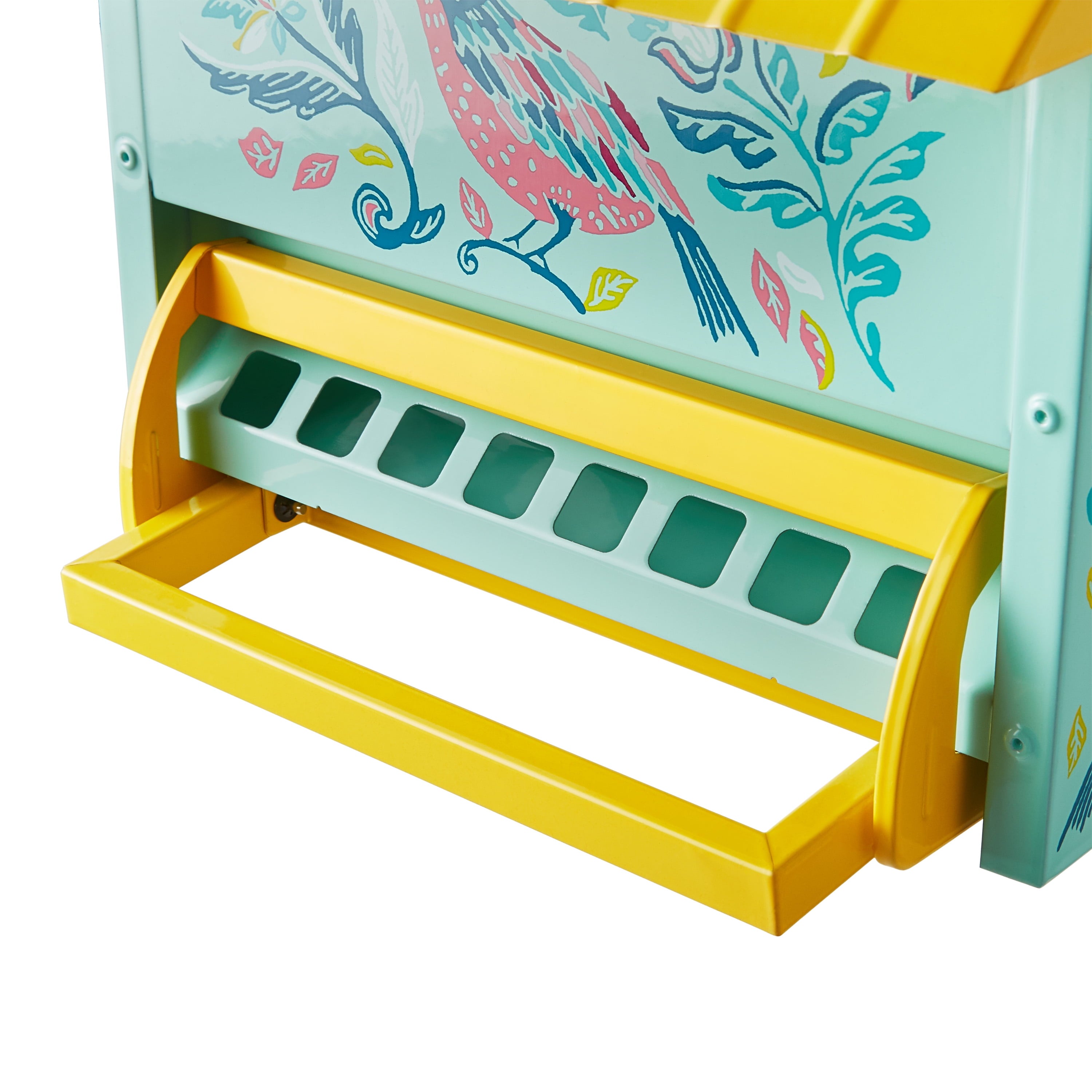 The Pioneer Woman Bird Ogee Metal Squirrel Proof Hopper Bird Feeder 5.5QT , Teal Yellow