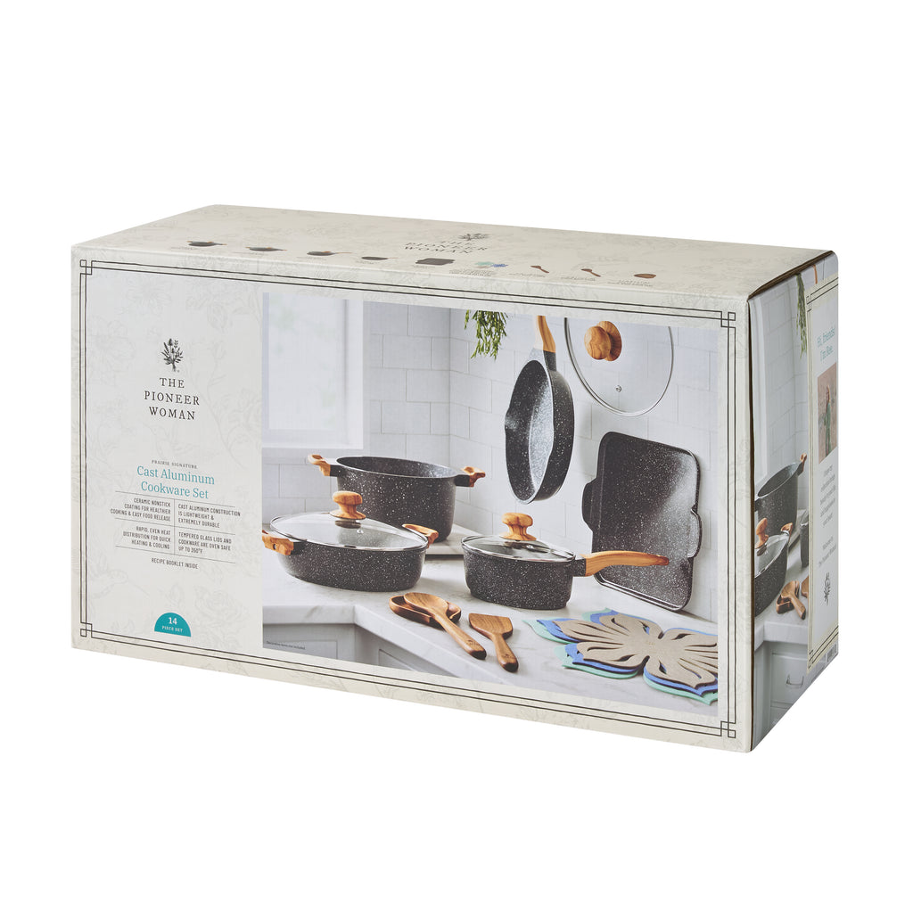 The Pioneer Woman Prairie Signature 14-Piece Cast Aluminum Cookware Set, Charcoal