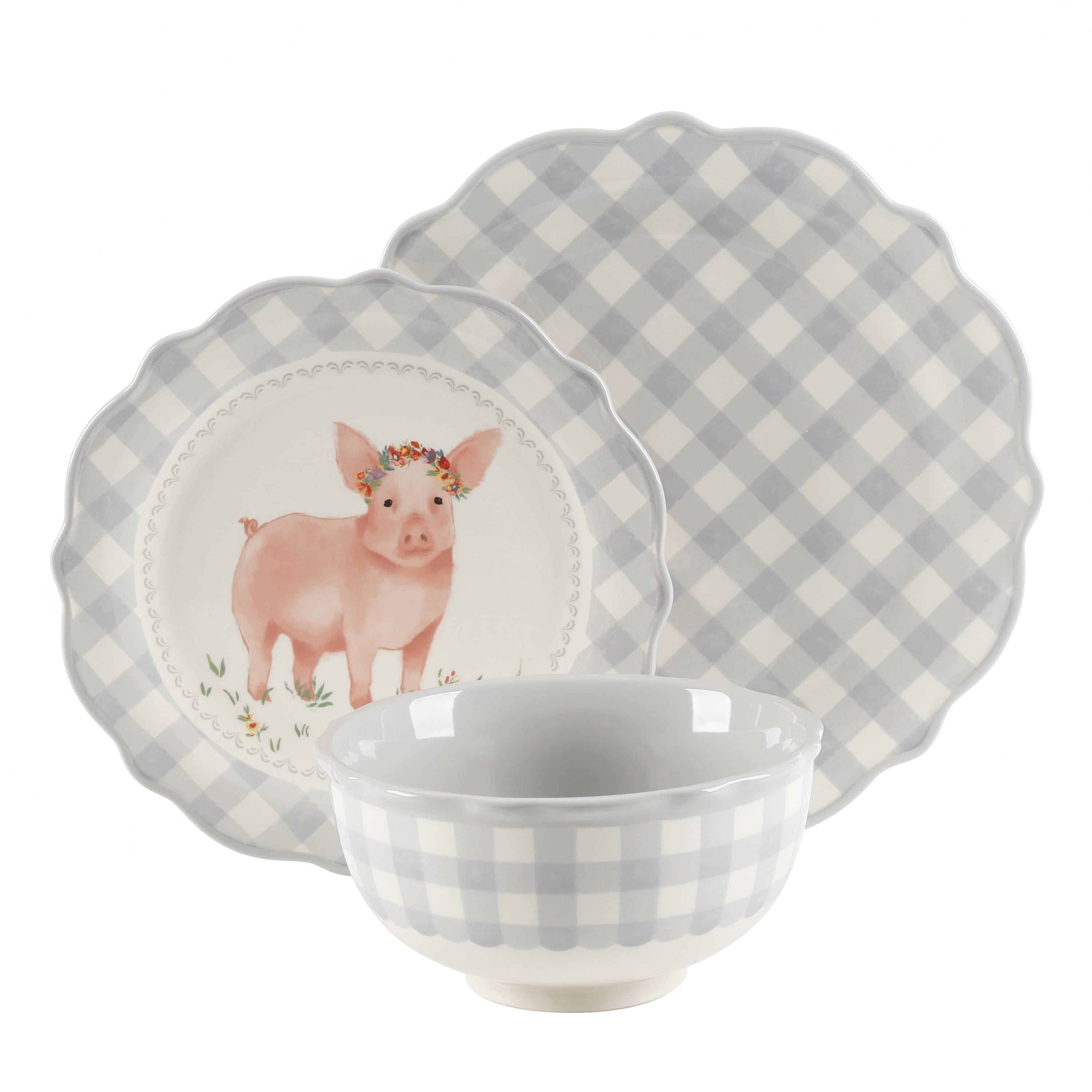 The Pioneer Woman Gingham 12-Piece Ceramic Dinnerware Set, Gray