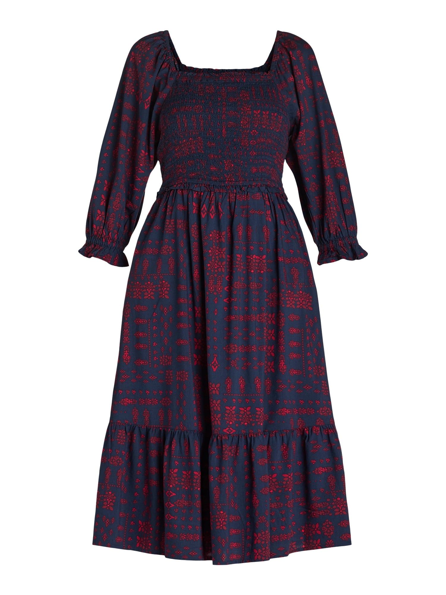 The Pioneer Woman Smocked Bodice Midi Dress, Women’s and Women’s Plus, Sizes XS-3X